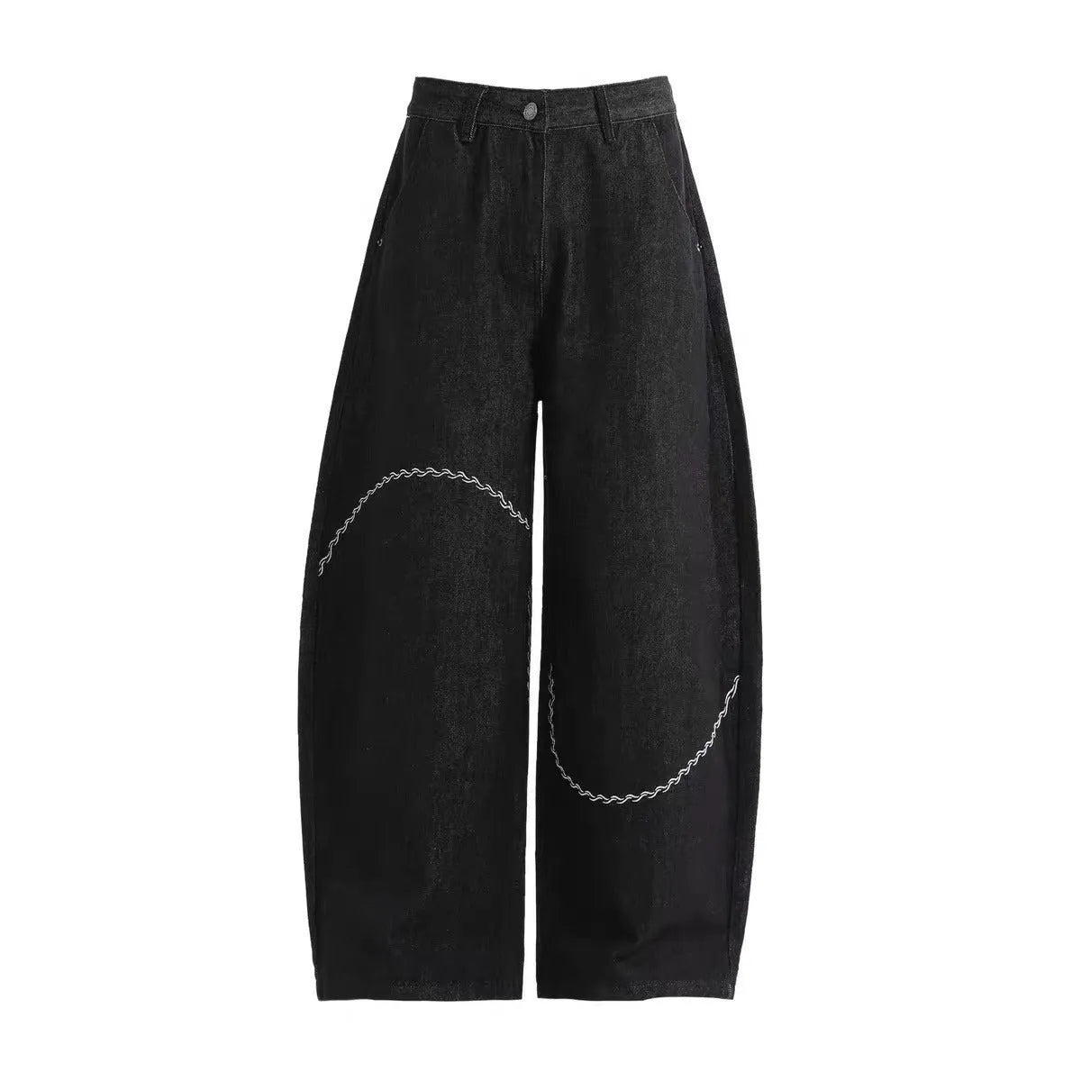 Black straight leg men's trousers with micro-elastic polyester denim fabric and zip fly