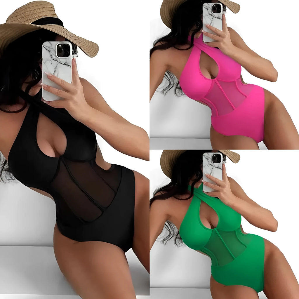 Women's black one-piece swimsuit made from nylon and spandex fabric on a neutral background.