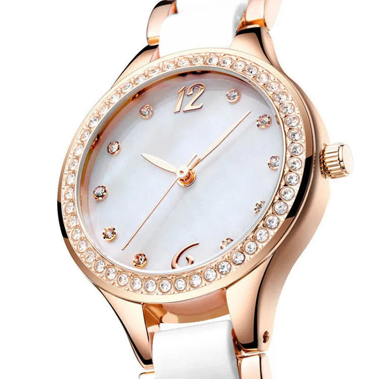 Women's ceramic watch with diamonds, rose gold IP case, alloy and ceramic strap, slate blue dial