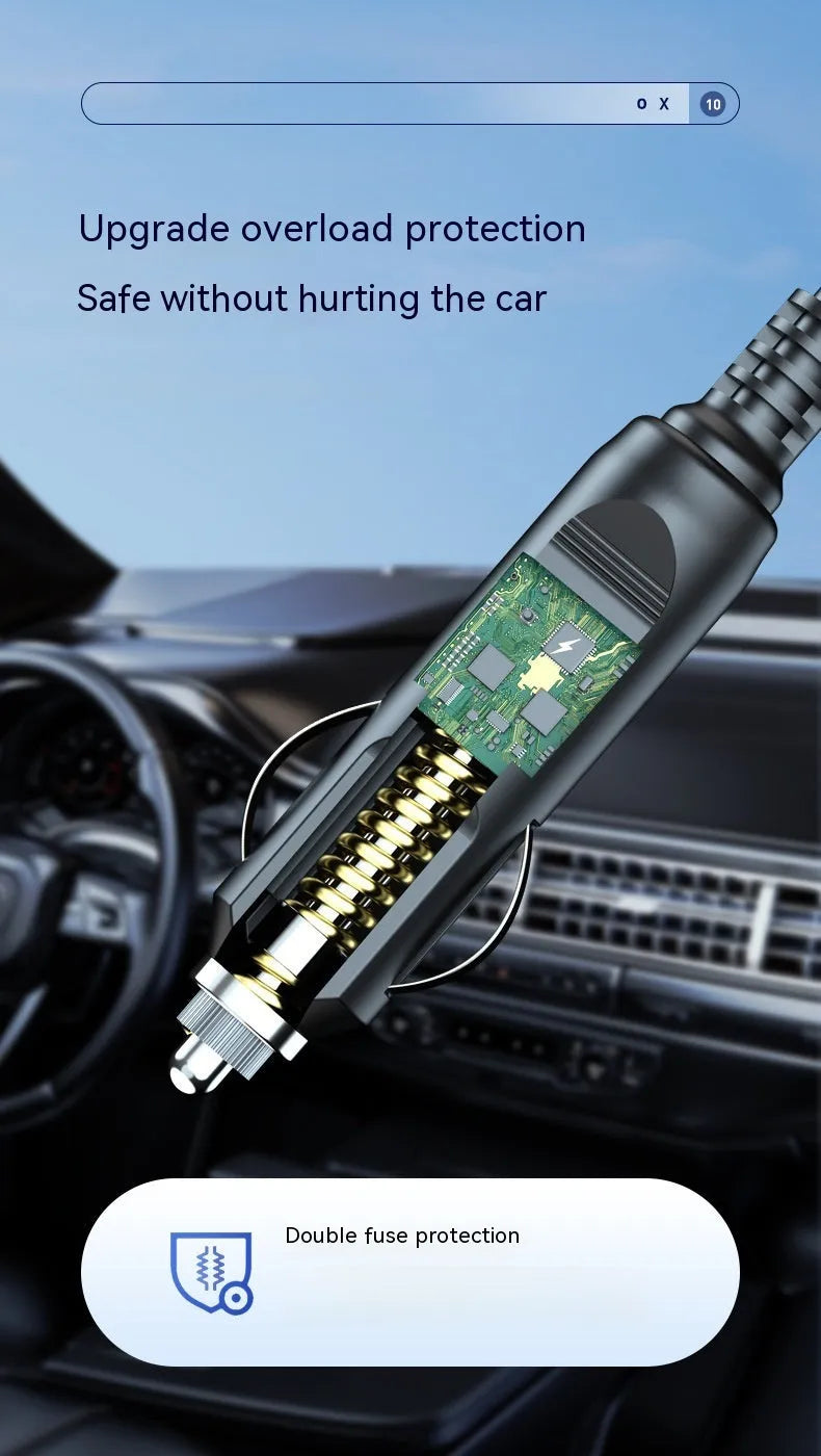 Silver and black portable car air pump with digital display, shown with adapters and USB cable on a table.
