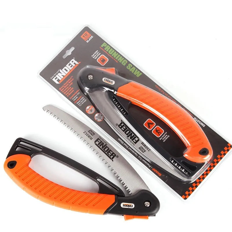 Folding garden saw with extended 230mm blade showing teeth detail and TPR grip handle