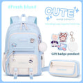 Pink waterproof school backpack for girls with curved straps, shown with matching pencil case and bag.