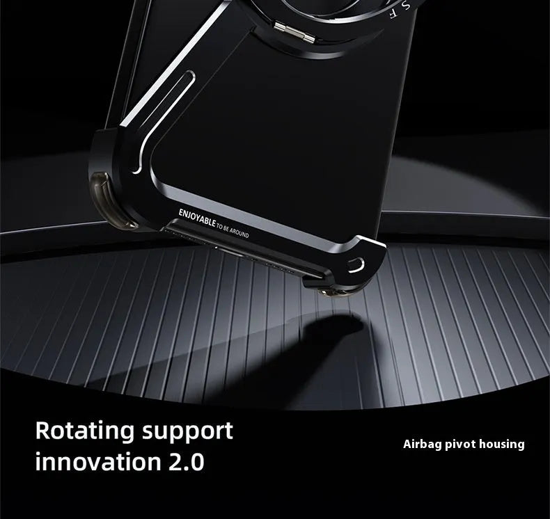 Black metal iPhone 17 Pro Max case showing magnetic bracket in extended position as a stand
