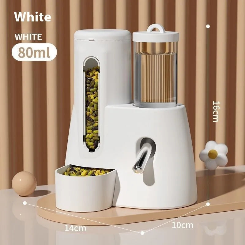 White automatic hamster drinking water feeder with integrated food basin on a stable base.