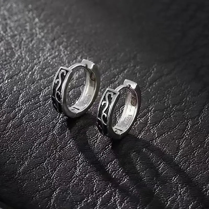Men's geometric copper hip hop earrings in silver finish, showing 10mm and 14mm size options.