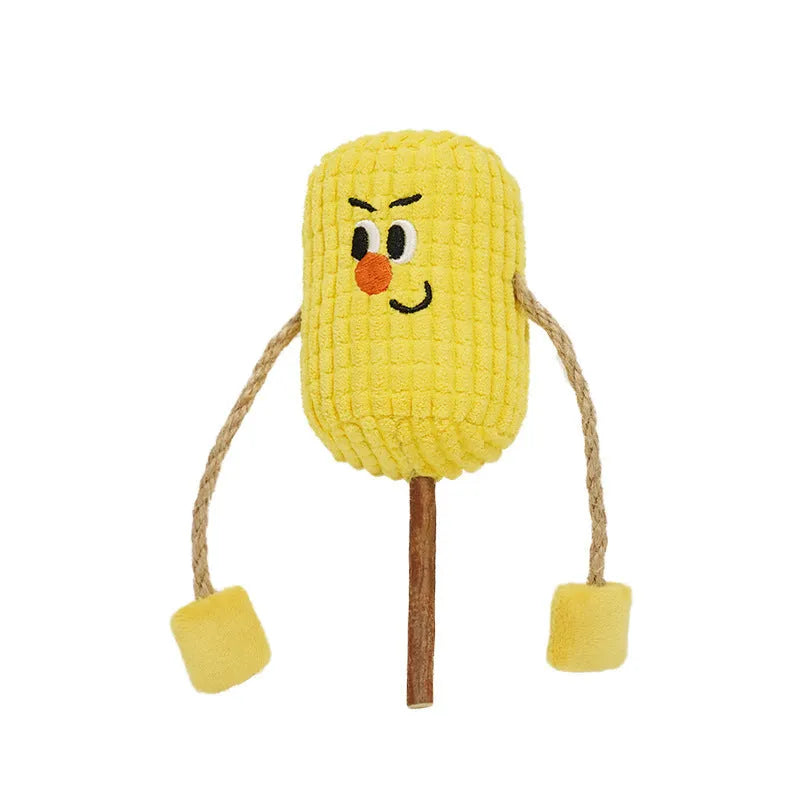 Natural polio wood corn cob shaped cat dental toy with catnip, showing dimensions of 7cm by 6cm by 15cm