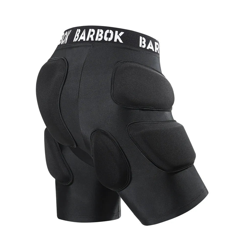 Black spandex hip protection pad pants with built-in grey NBR shock-absorbing pads for skating and skiing