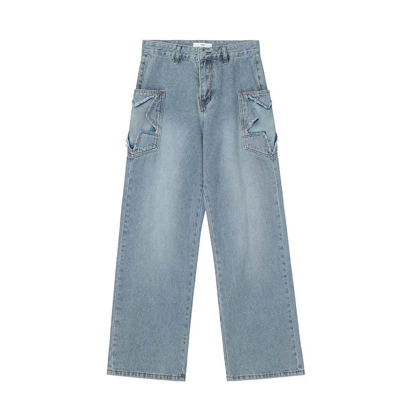Men's blue American retro straight leg wide tube jeans with mid waist and cotton fabric