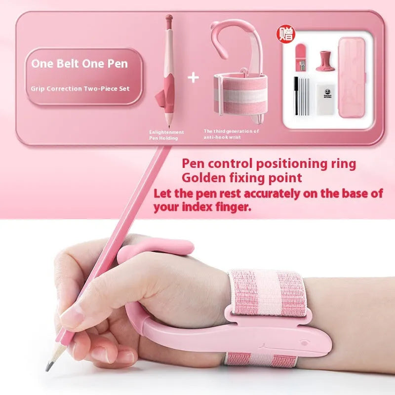 Blue Anti-hook Holder Pen Control Corrector wrist brace on a hand holding a pencil.