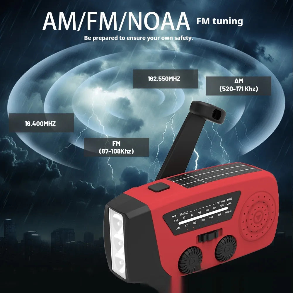 Red rechargeable emergency hand radio torch with USB port and wrist strap