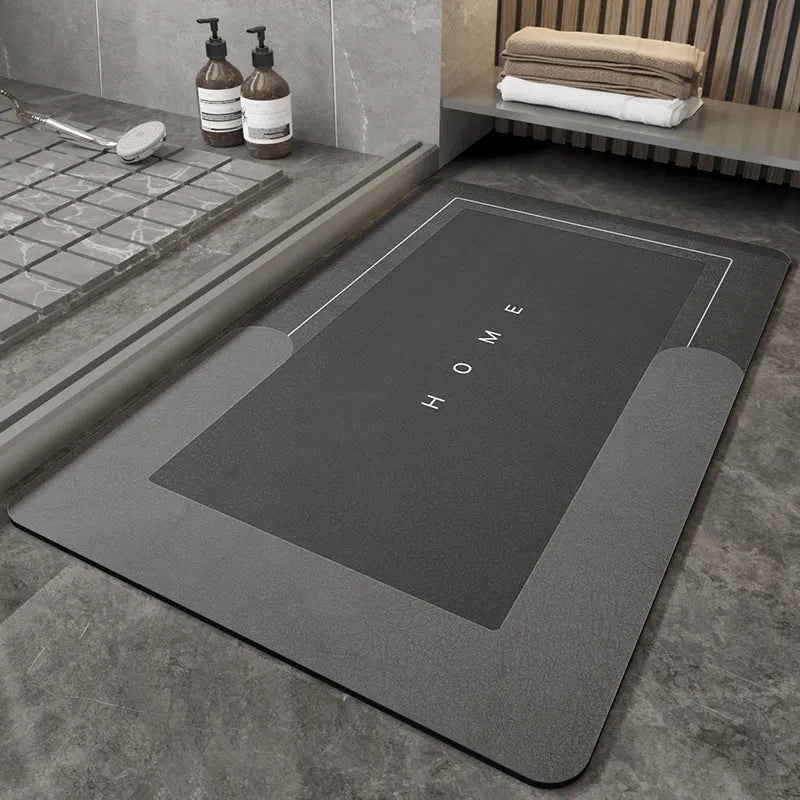 Cushioned blue oval bathroom floor mat on tiled flooring