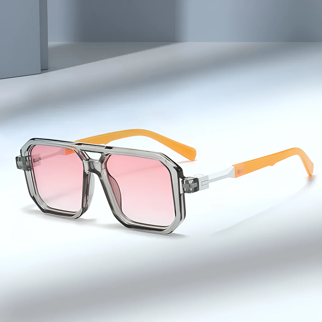 Retro double beam pilot sunglasses showing front design and metal spring hinge, in a black frame with gray lenses.