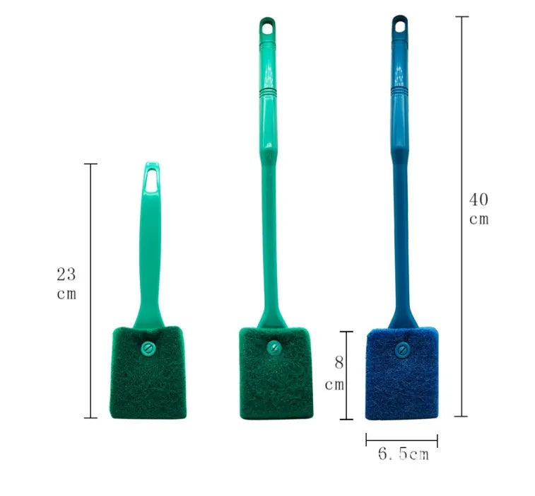 Long handle double-sided aquarium cleaning brush with scraper and scrubber in blue colour