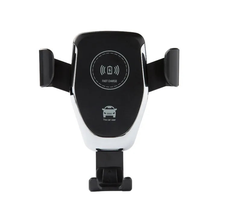 Black car wireless phone charger mounted on a vehicle vent, holding an iPhone.