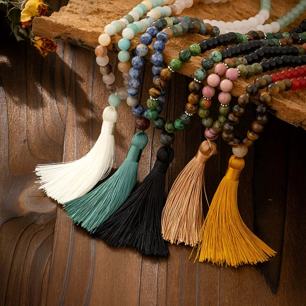 Bohemian vintage necklace and bracelet set with geometric round stone beads in electroplated finish