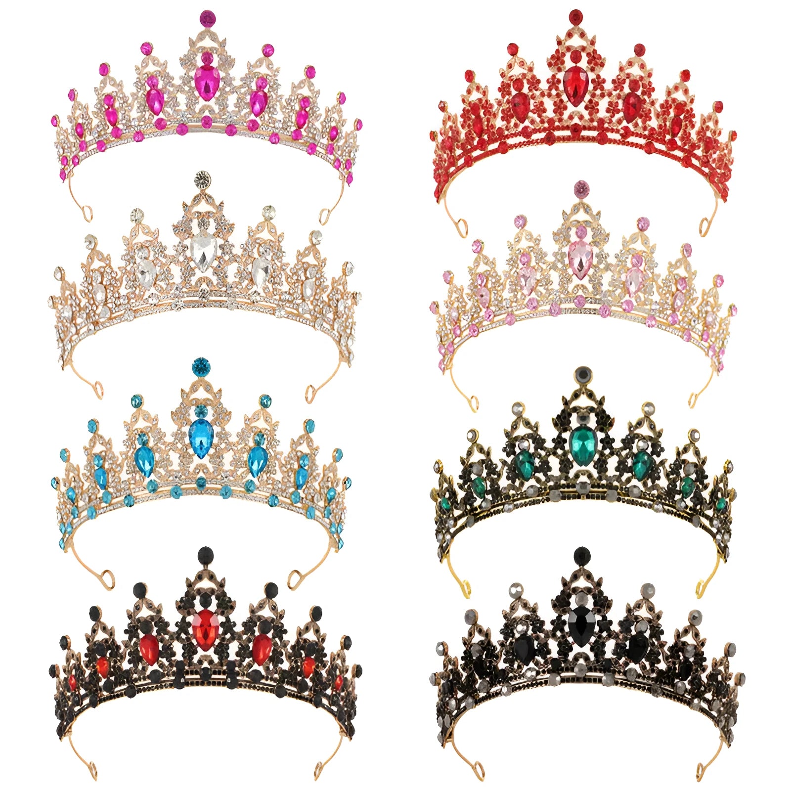 Baroque-style bride crown headdress made of alloy with rhinestone decoration in silver and gold colour options.