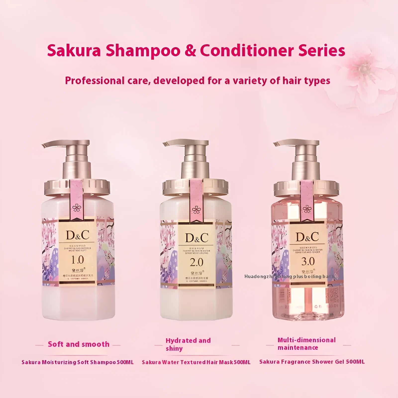 500ml Sakura shampoo bottle that functions as hair conditioner and shower gel with deep cleaning and frizzy hair improvement