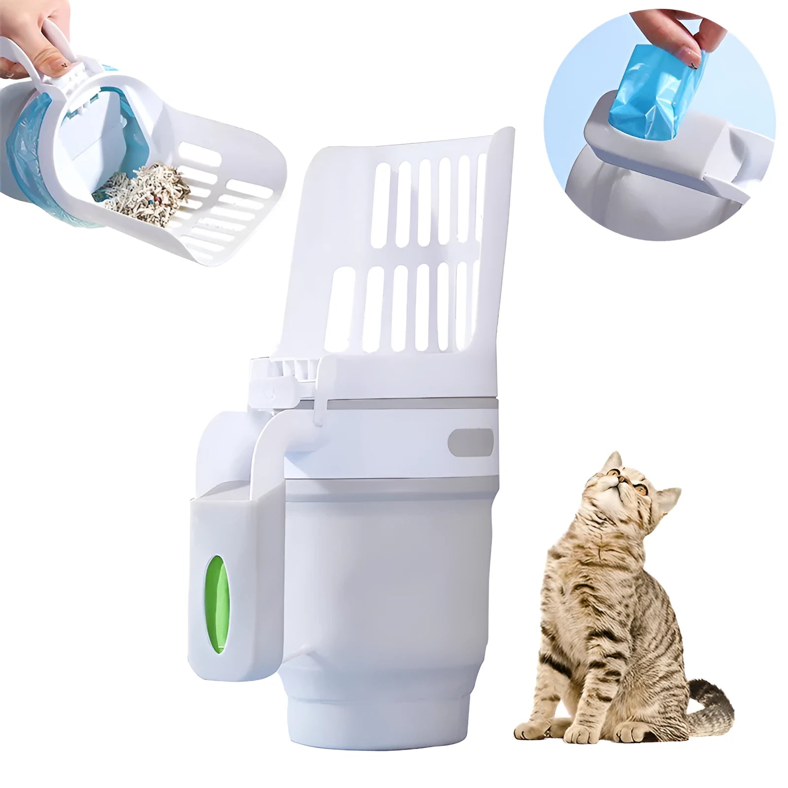 Grey cat litter scoop system with integrated waste bin and foldable base, shown beside a litter tray.