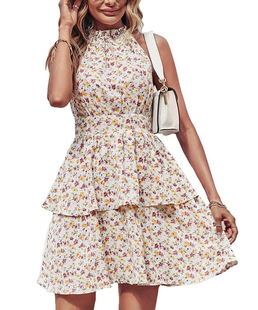 Women's boho halter beach dress with backless design and ruffled detailing in various solid colours