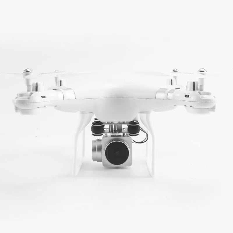 Black alloy HD aerial photography drone with remote control handle in flight.
