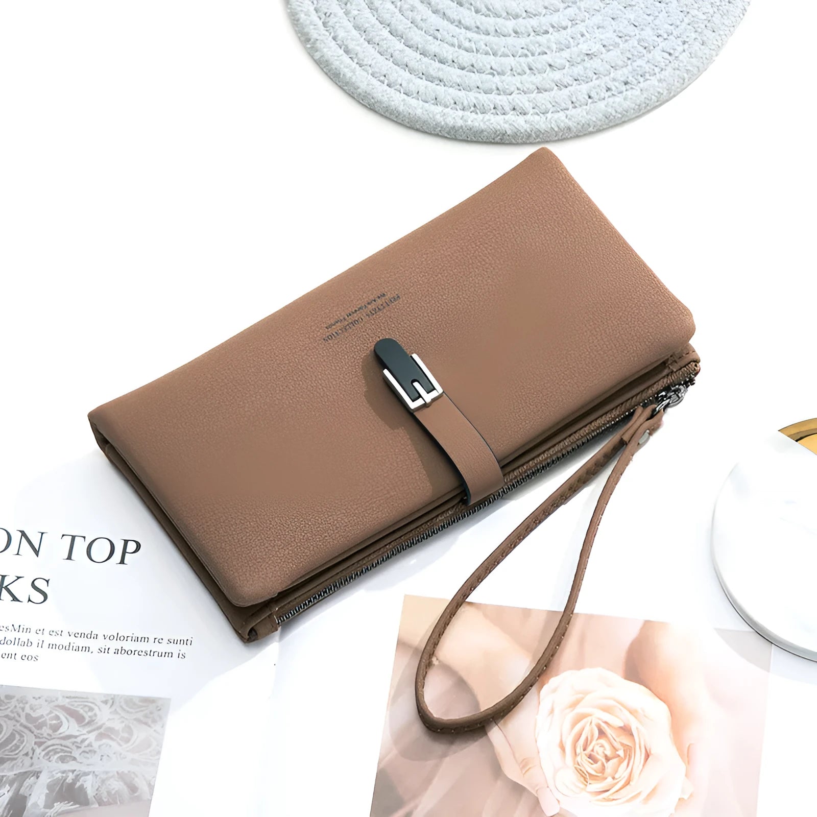 Long female wallet simple clutch in PU leather, solid brown colour, showing slim 19.5cm by 11cm design