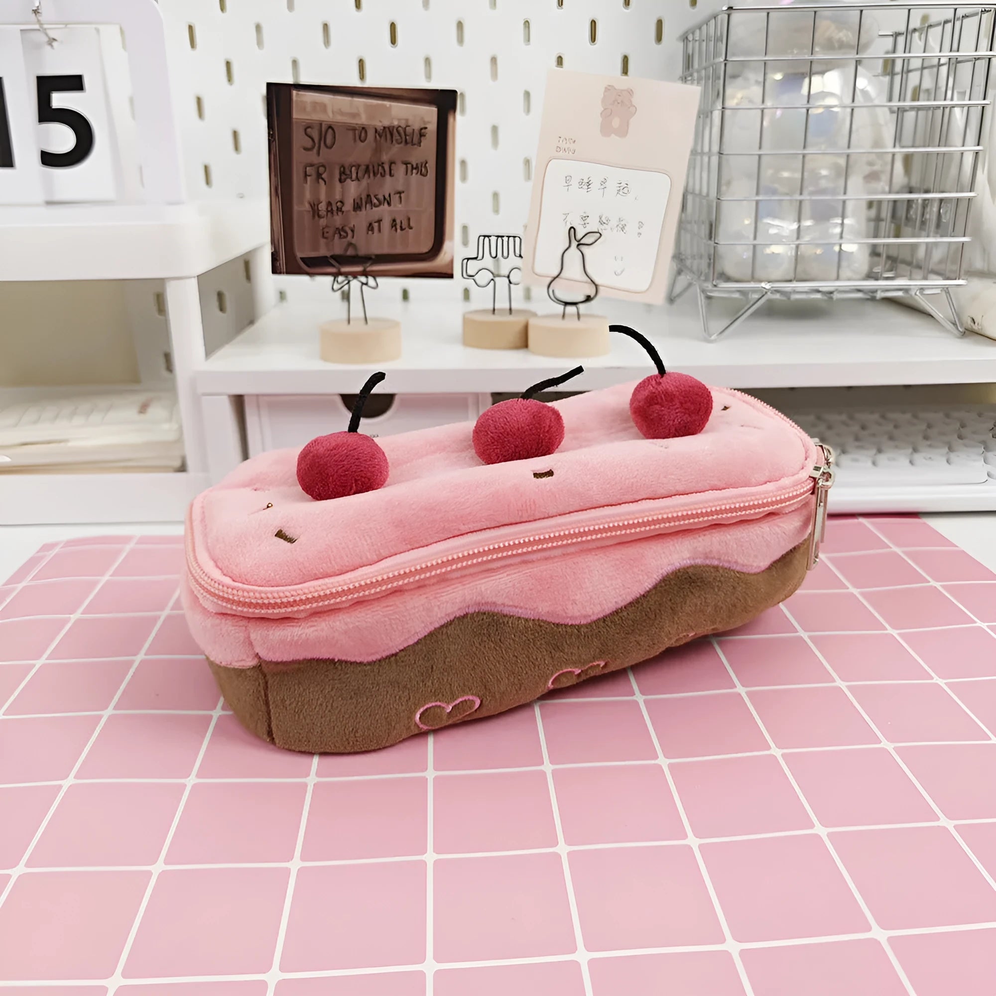 Cherry Cake design plush velvet pencil case with a zip closure.