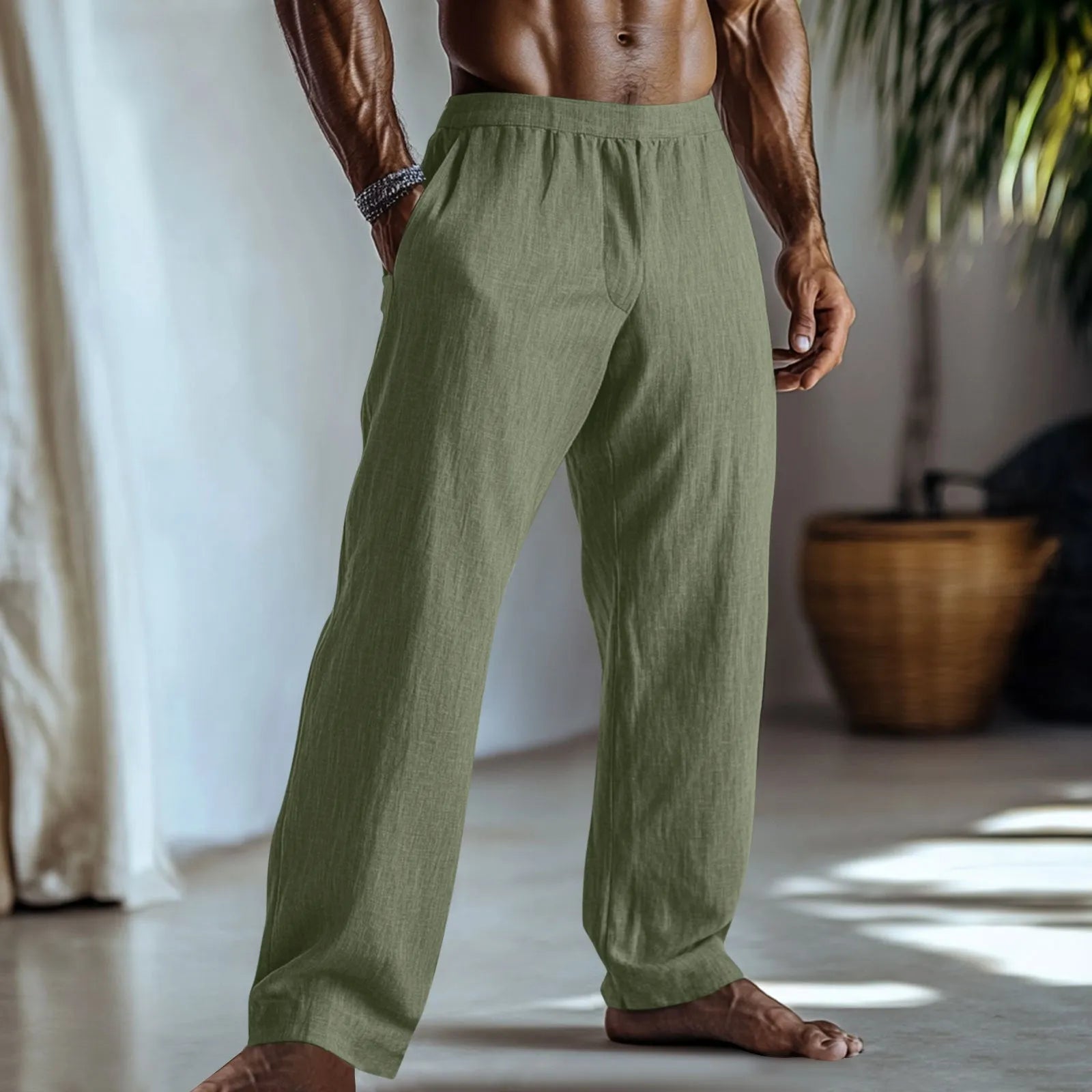 Straight-leg cotton linen casual trousers in various solid colours on a hanger.