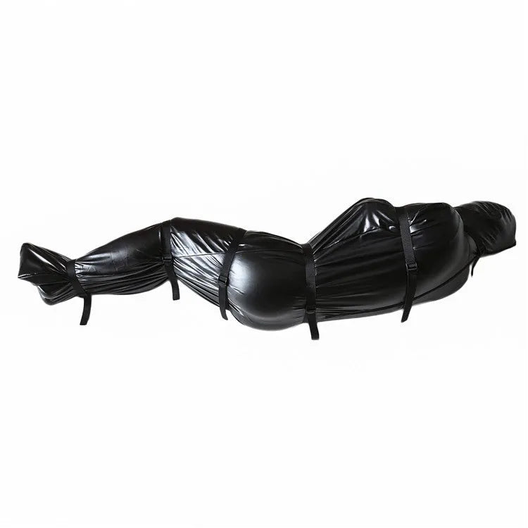 Black patent leather bondage set showing full coverage body wrap with six ratchet tie down restraints