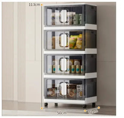 Foldable clothes storage locker with wheels in grey colour showing layered compartments for household organisation