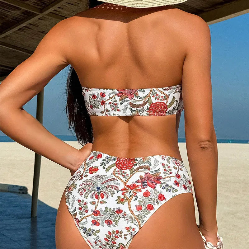 Women's printed bandeau swimsuit top and matching shorts set on a model