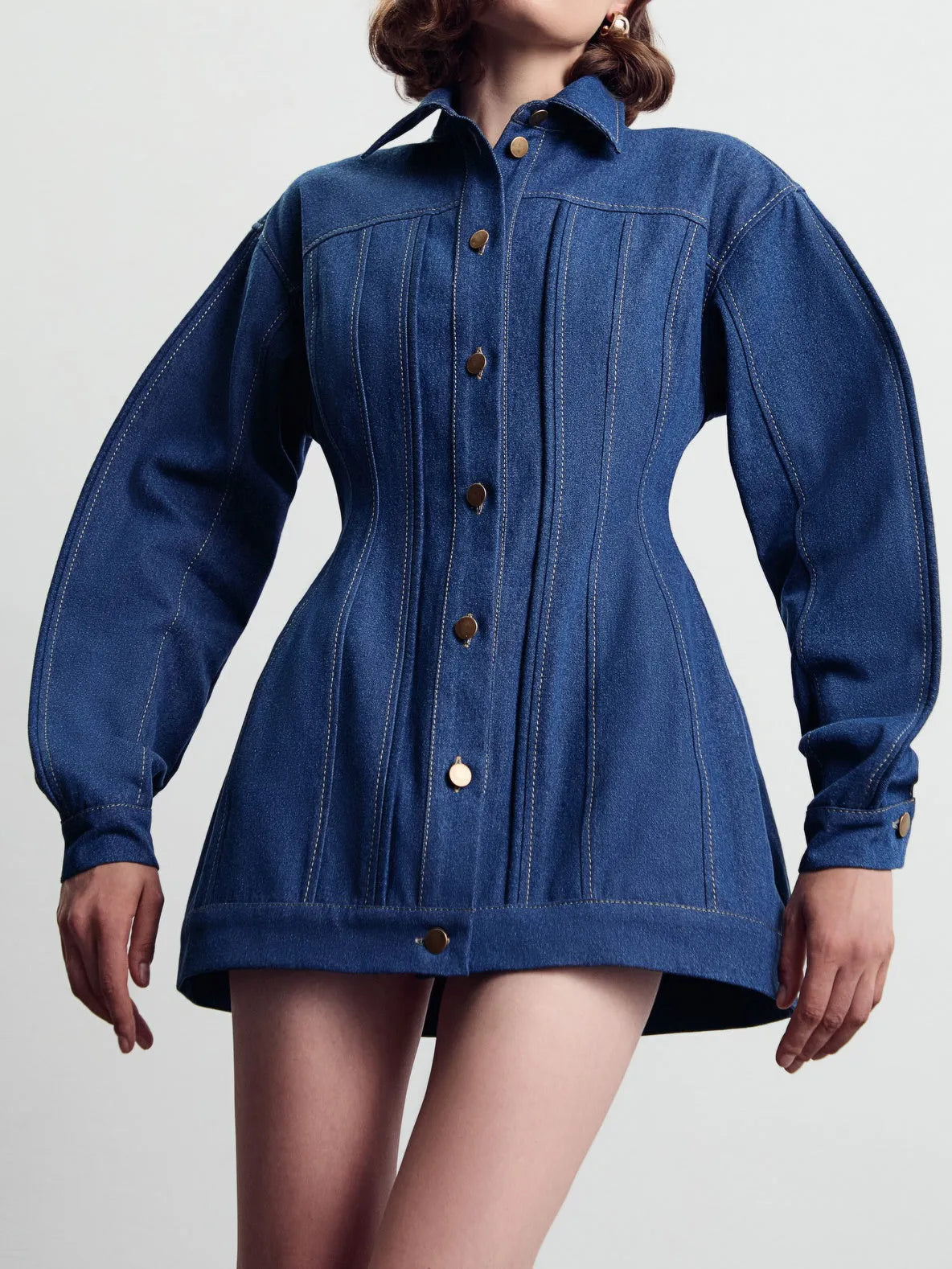 Blue denim corset style shirt dress with patchwork design and statement buttons