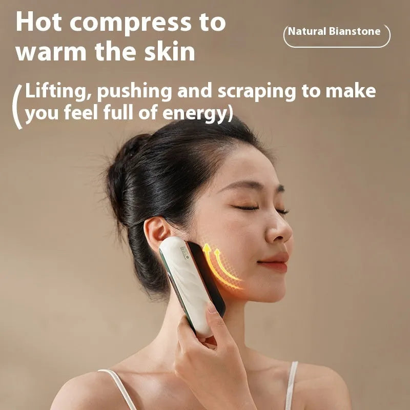 Electric gua sha scraping board with hot compress and vibration massage features in golden yellow finish