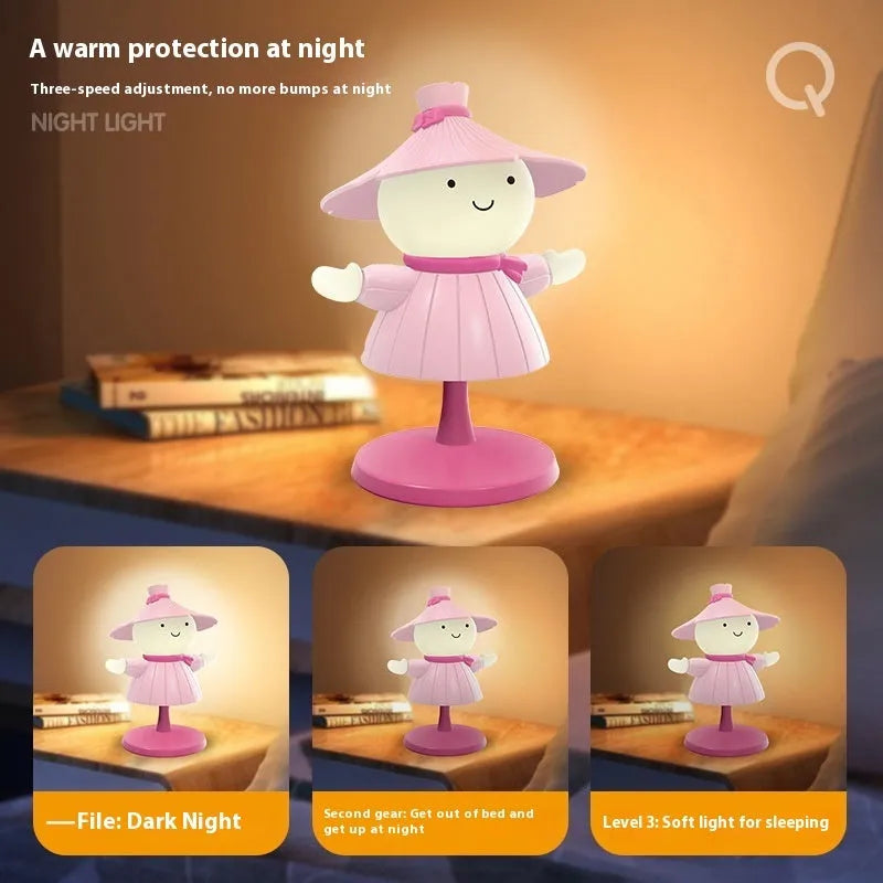 Brown scarecrow cartoon small night lamp on bedside table with USB cable