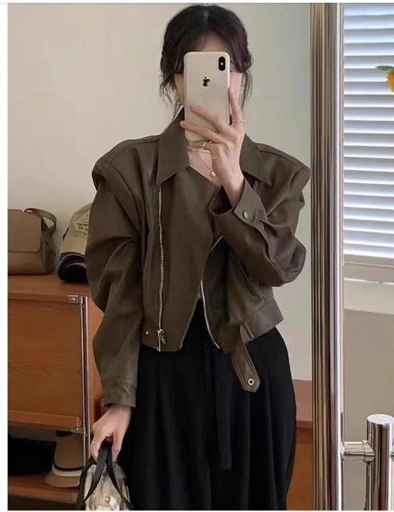 Women's black retro leather coat with slim fit and short 40cm length