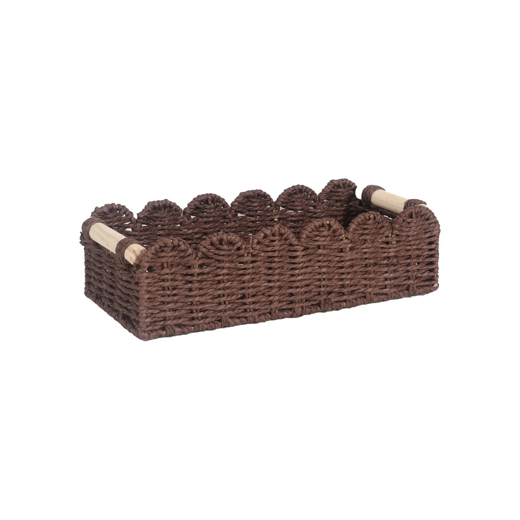 Modern woven paper storage basket in khaki colour on a wooden table, dimensions 35.5cm long by 16cm wide.