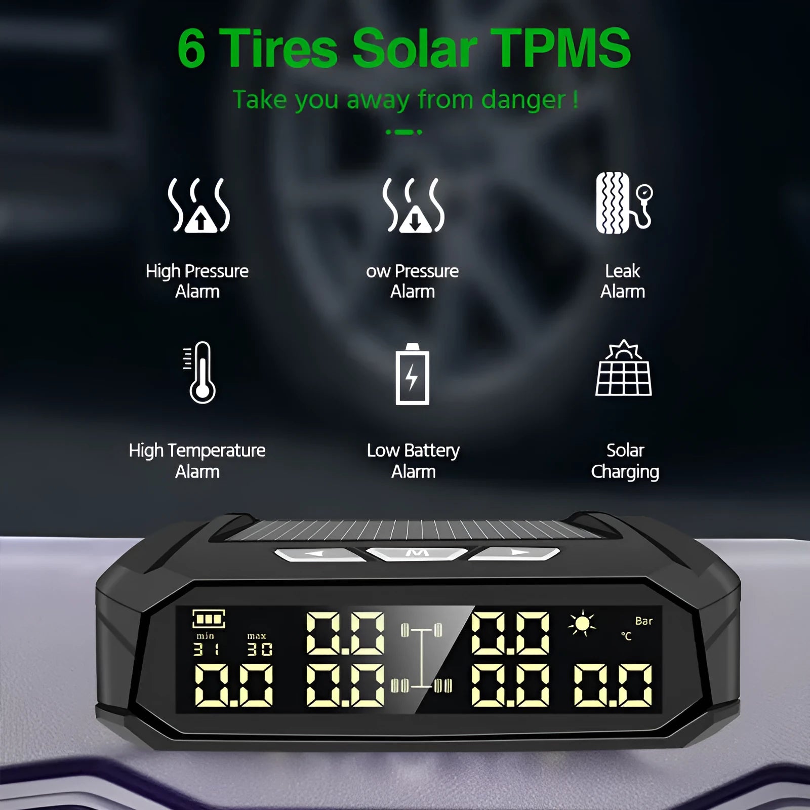 Solar external tyre pressure monitor display unit with colour screen next to six tyre sensors.