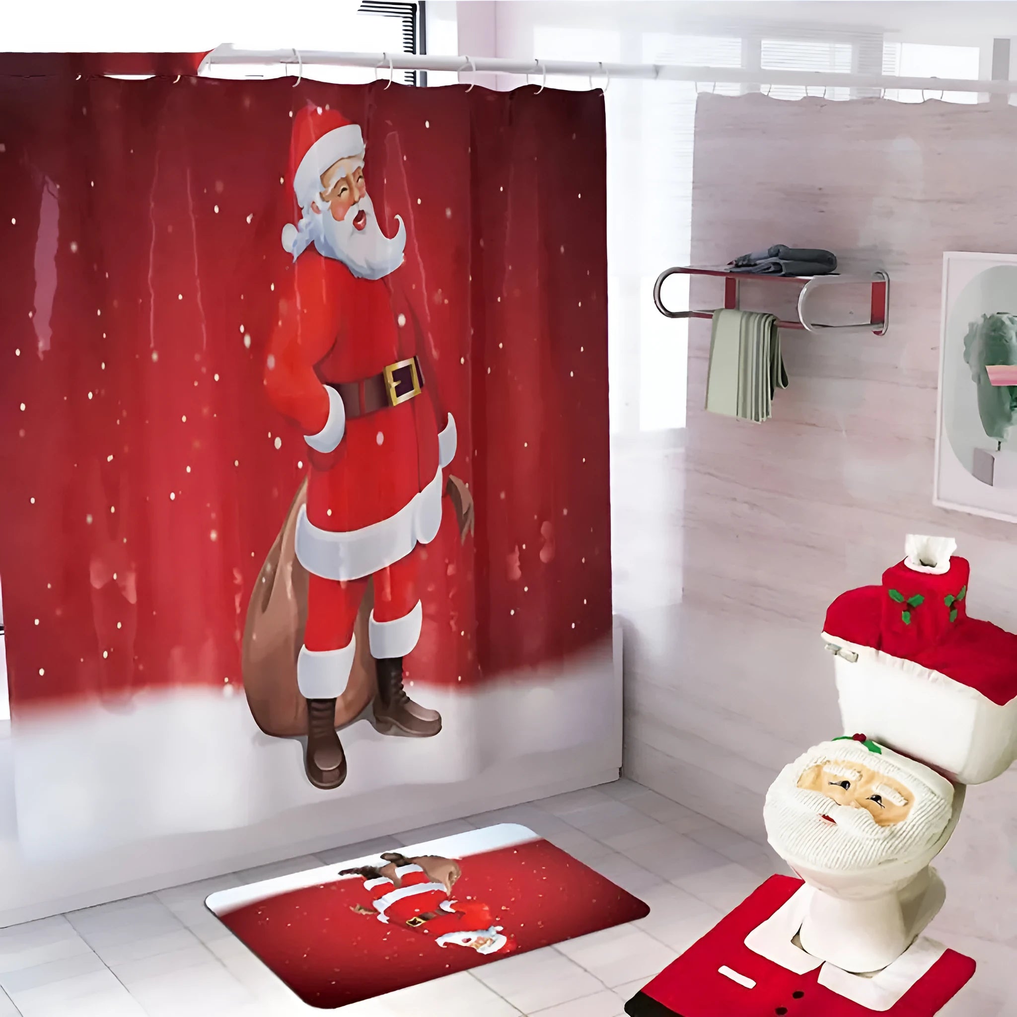 Christmas bathroom set with Santa design flannel shower curtain, toilet seat cover, and matching floor mats