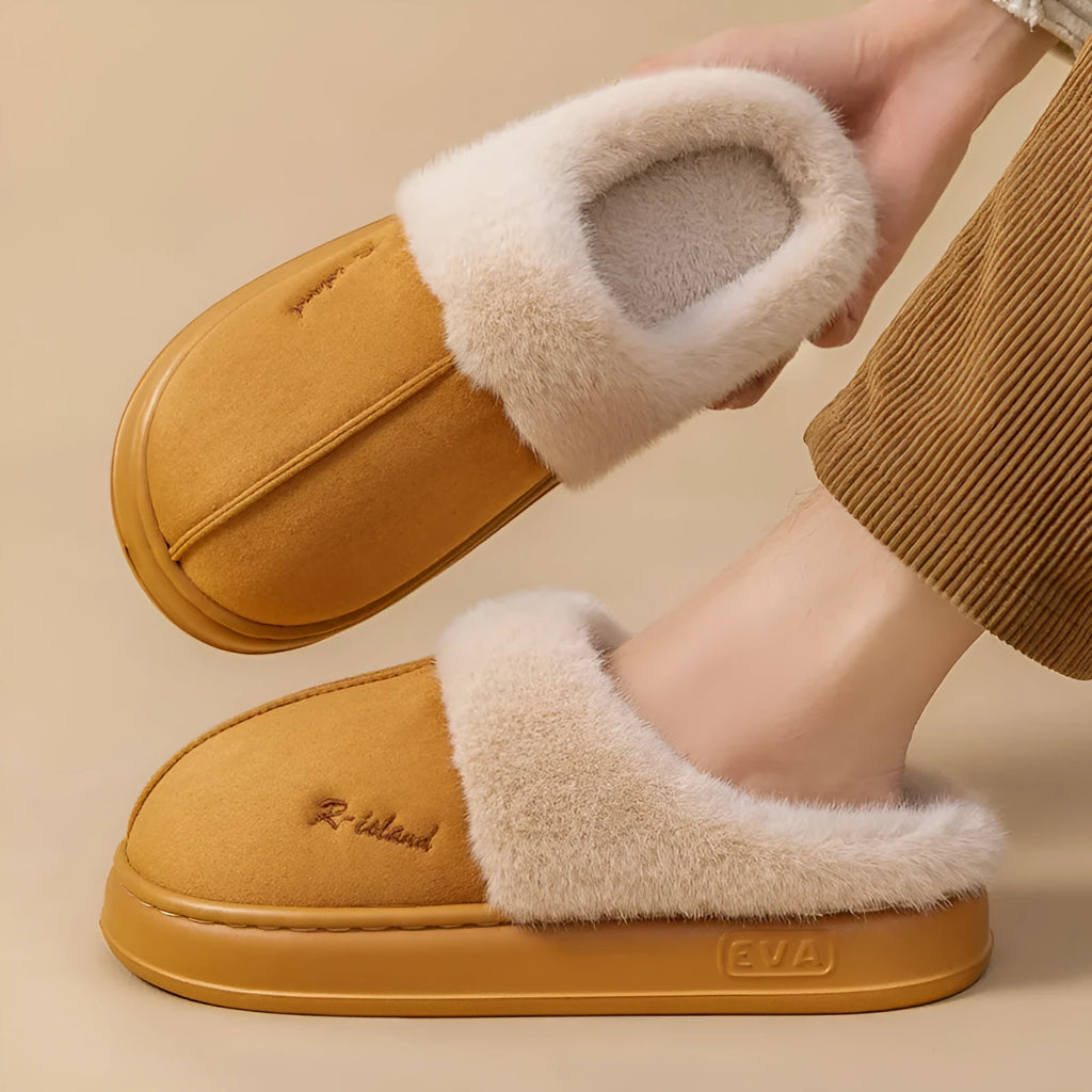 Fluffy couple slippers in pink and khaki with non-slip PVC sole and cloth upper for indoor home use