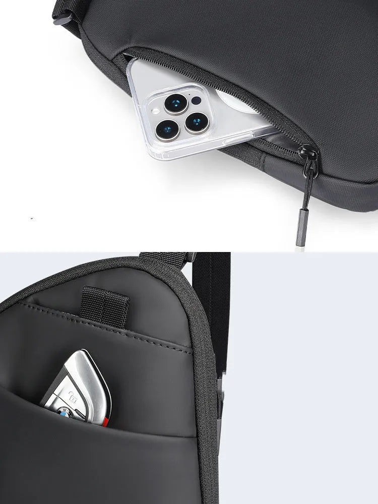 Men's elegant black lightweight crossbody bag made from oxford cloth material