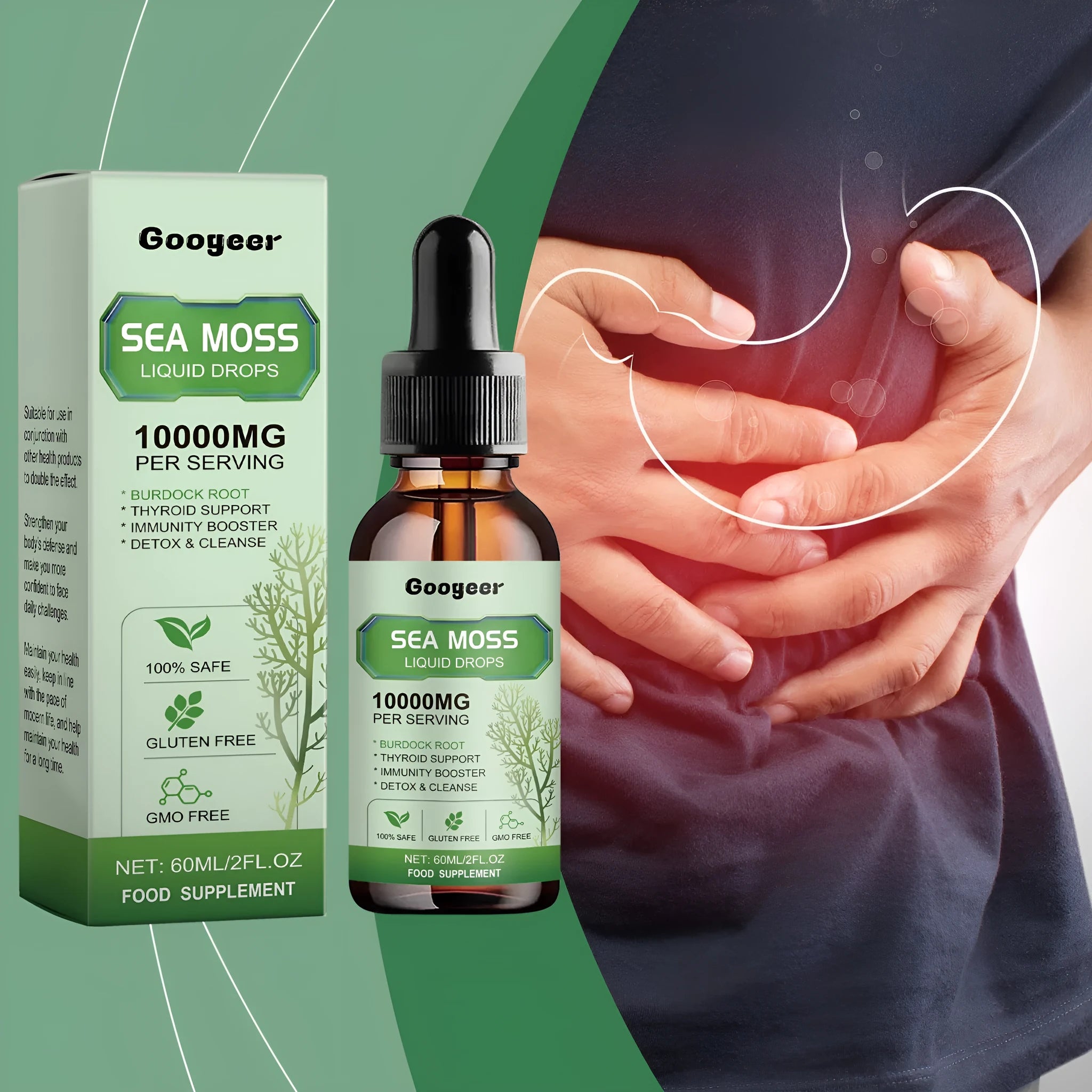 Googeer sea moss liquid drops body treatment 60ml bottle 3.3x3.3x12cm