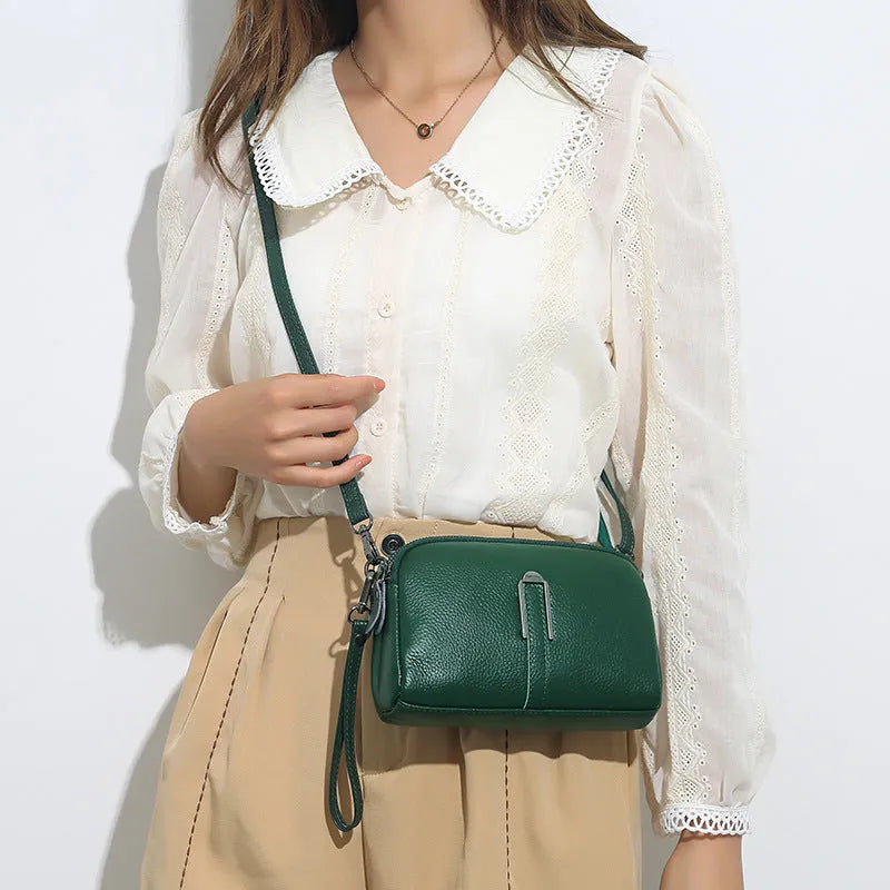 Genuine leather women's shoulder bag in horizontal square shape, shown in one of five colour options.