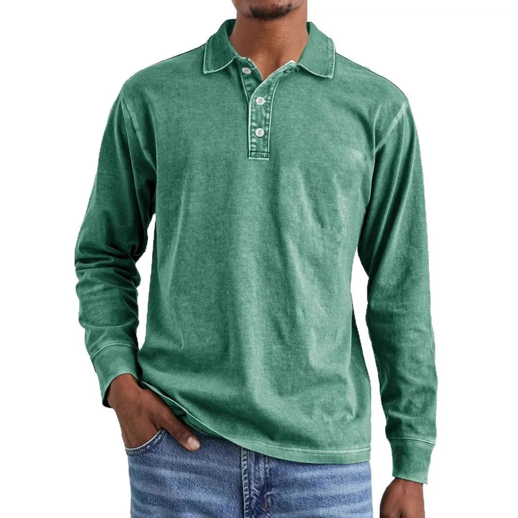 Men's retro washed distressed cotton lapel collar long sleeve polo shirt in army green