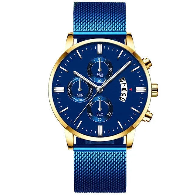 Men's stainless steel mesh band quartz watch showing analog display and two-tone colour options.