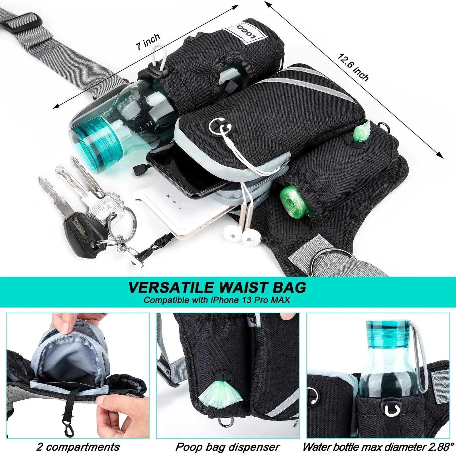 Black nylon outdoor pet training waist bag set with dog leash and collar for hands-free walking