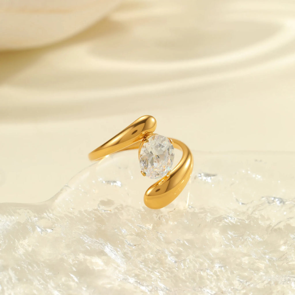 Adjustable geometric stainless steel ring with zircon stones in electroplated finish