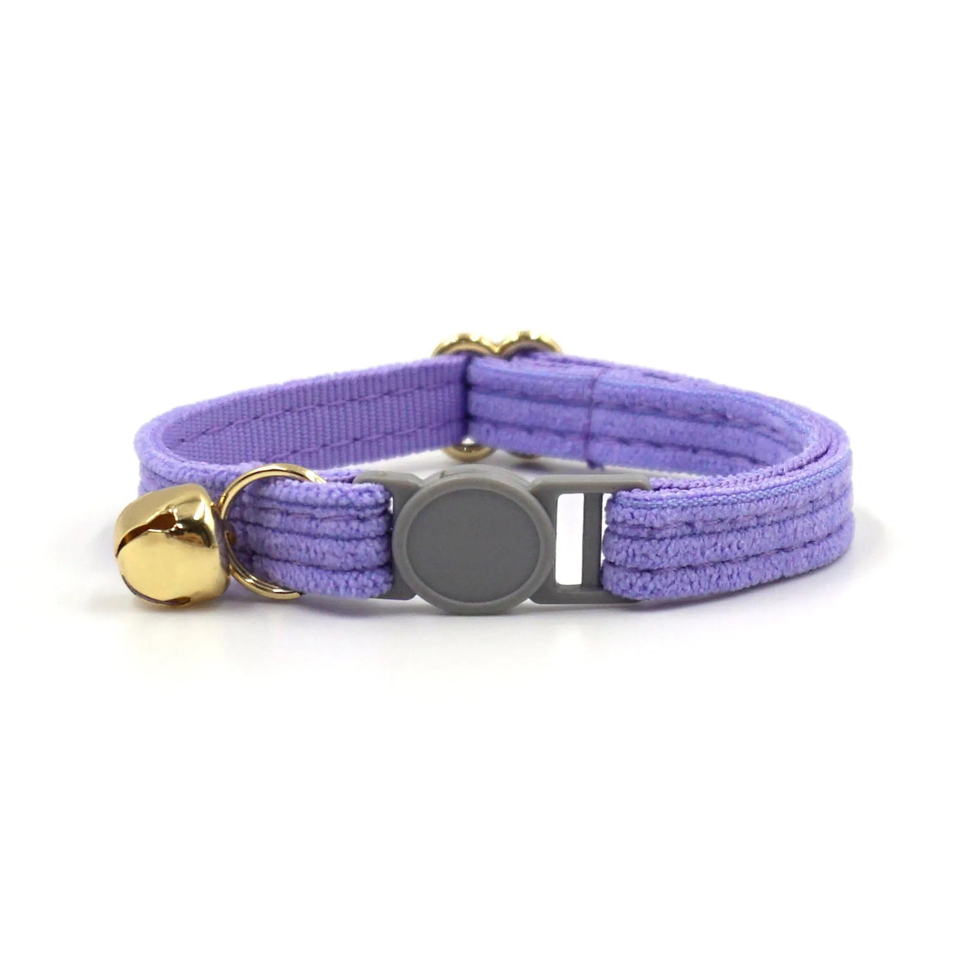 Cloth safety buckle cat collar with bell in brown corduroy on a cat