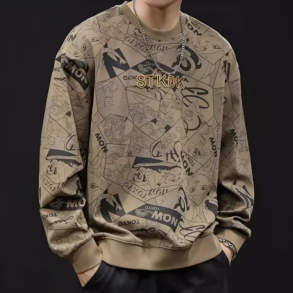 Men's round neck print sweatshirt, long sleeve, loose fit, wool lining, brown colour