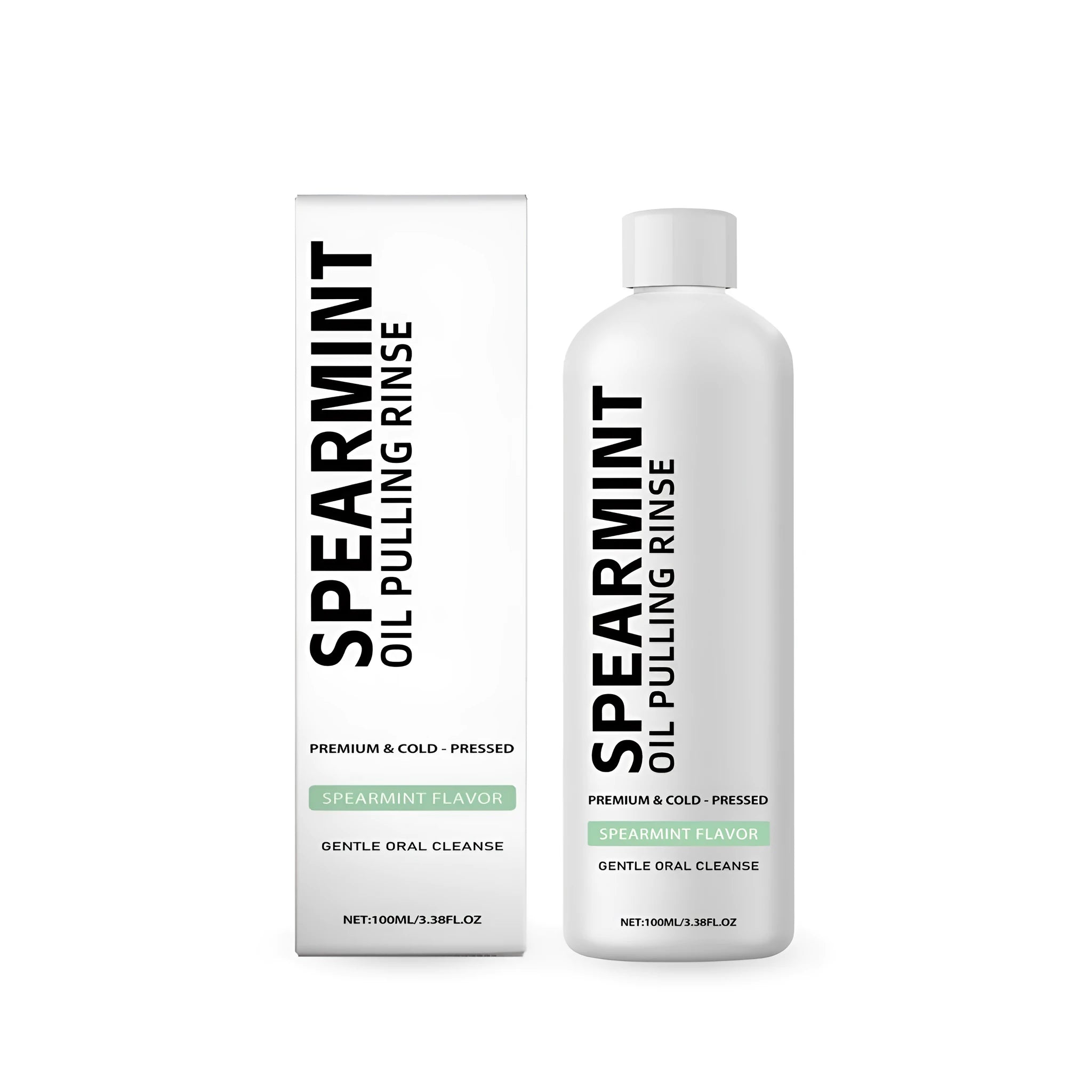 100ml bottle of spearmint oil pulling rinse mouthwash with herbal oil formula