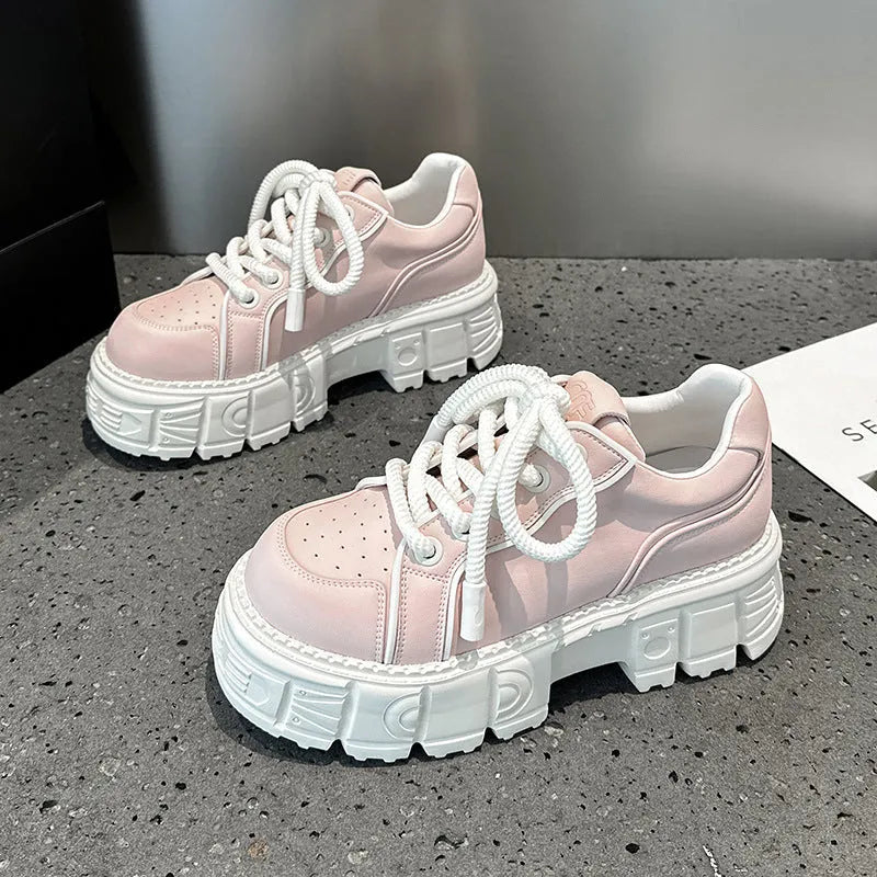 Beige and pink leather casual shoes with muffin bottom design and height increasing sole