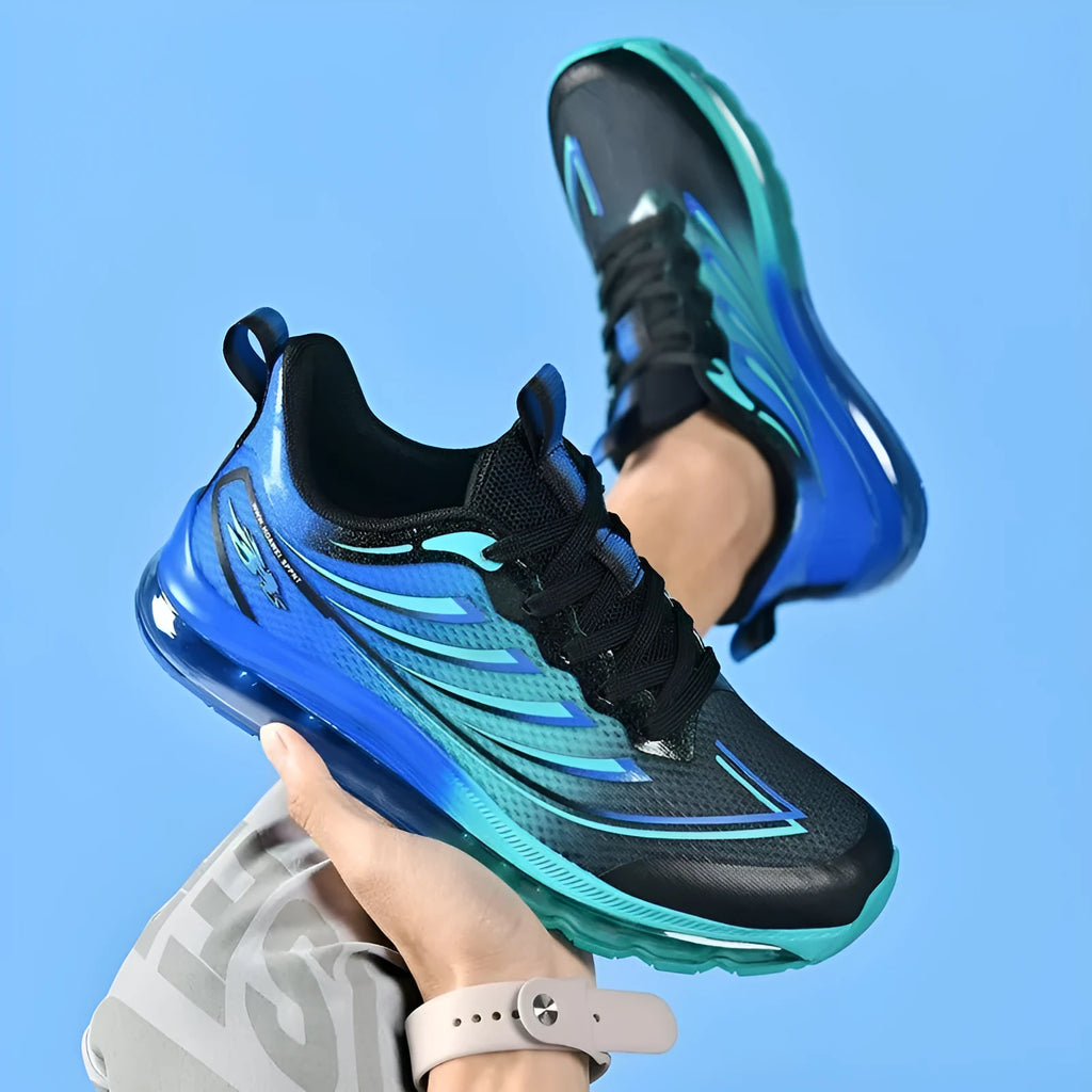 Men's white and blue fabric sneaker with woven detail and round toe, side view.